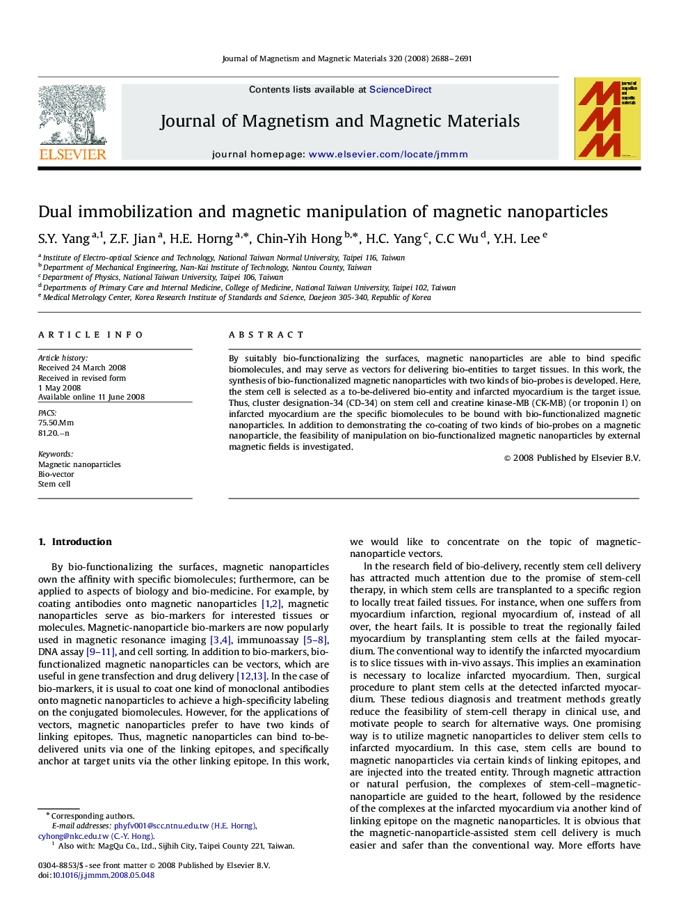 Dual immobilization and magnetic manipulation of magnetic nanoparticles