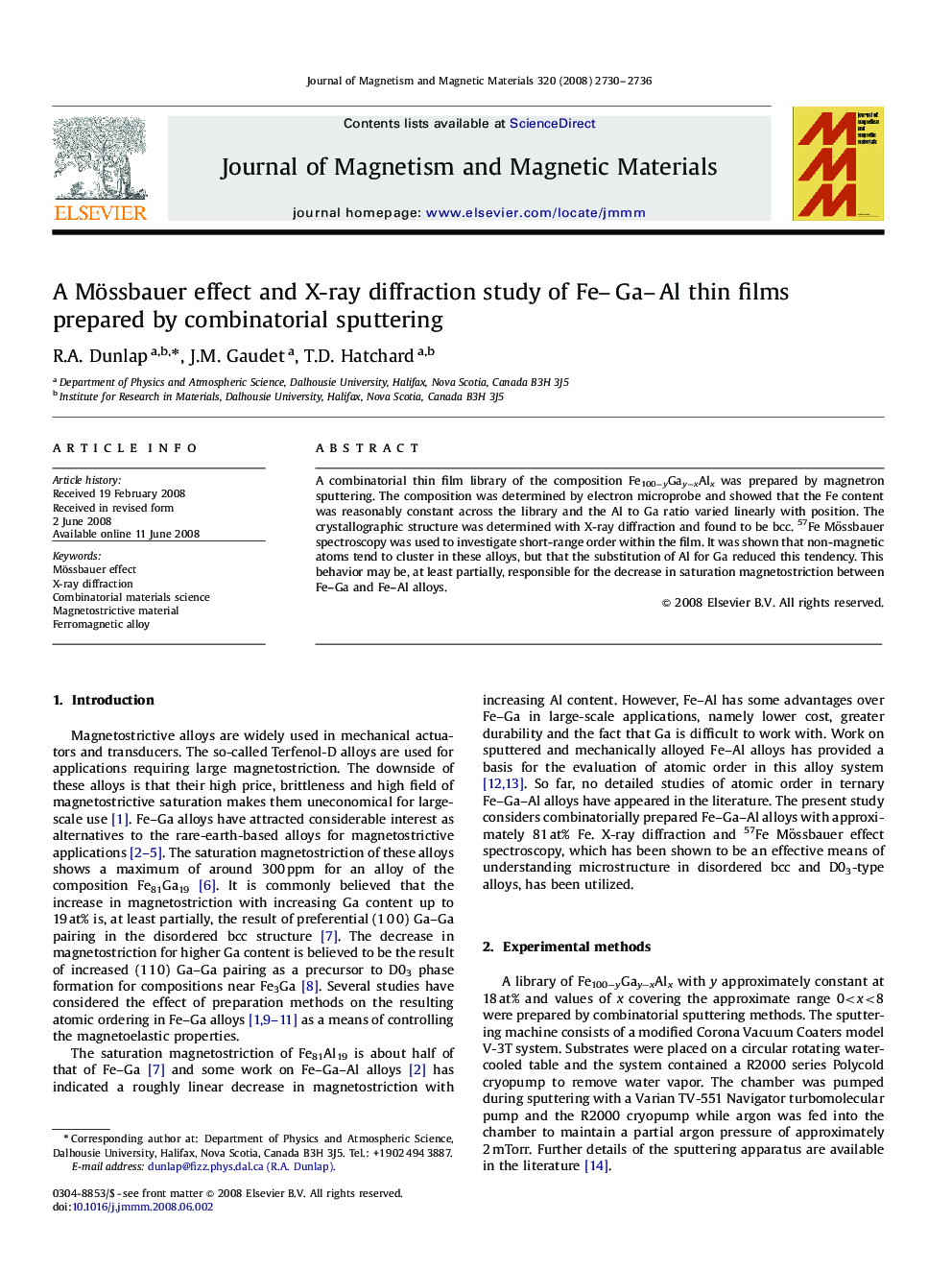 A Mössbauer effect and X-ray diffraction study of Fe–Ga–Al thin films prepared by combinatorial sputtering