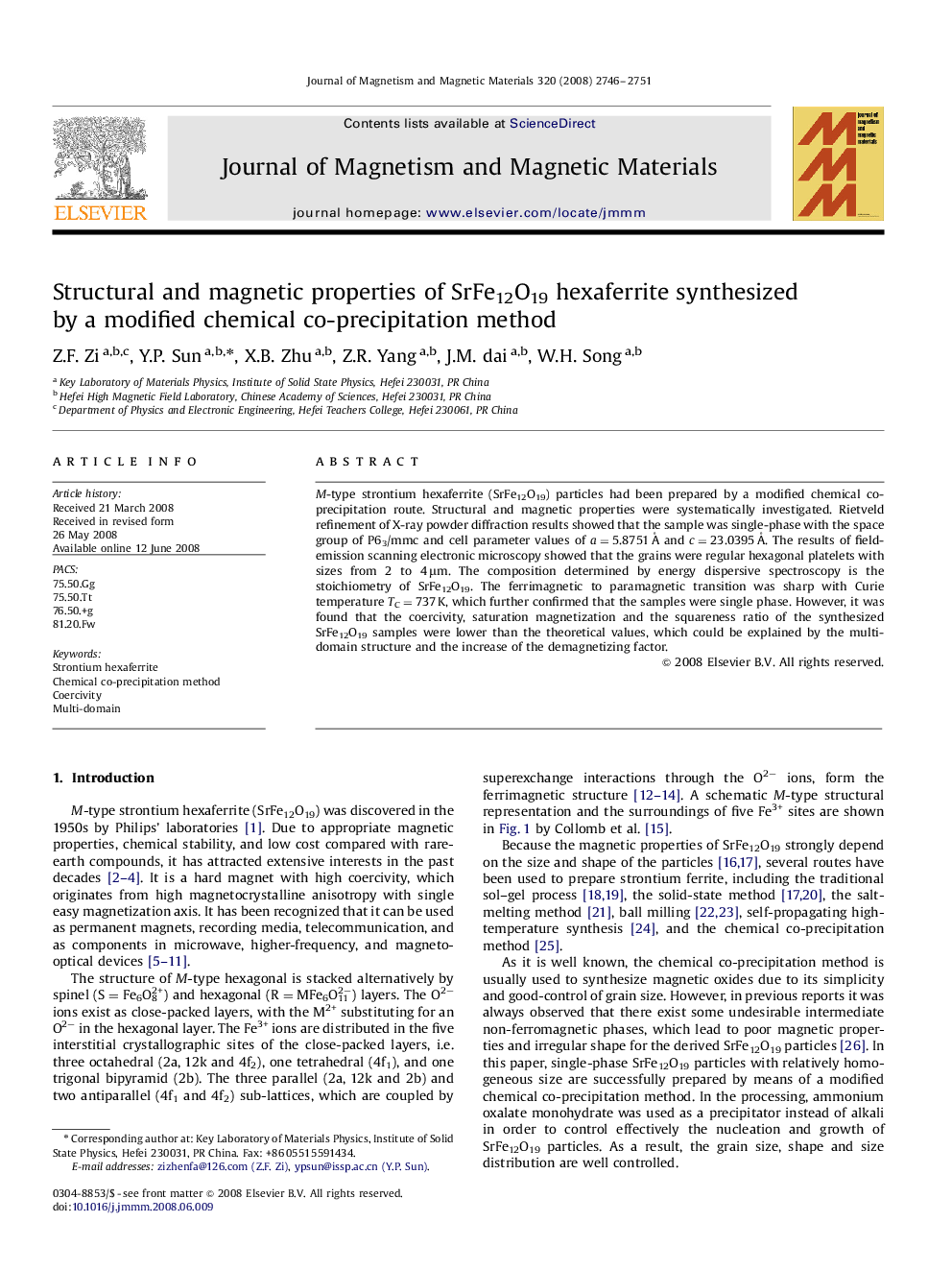 Structural and magnetic properties of SrFe12O19 hexaferrite synthesized by a modified chemical co-precipitation method