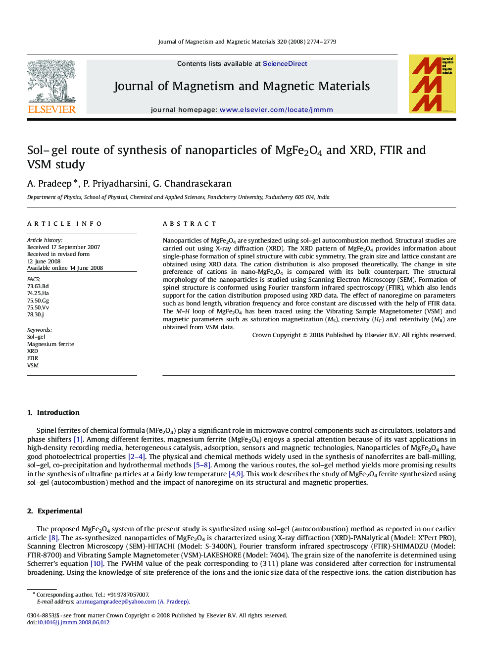Sol–gel route of synthesis of nanoparticles of MgFe2O4 and XRD, FTIR and VSM study