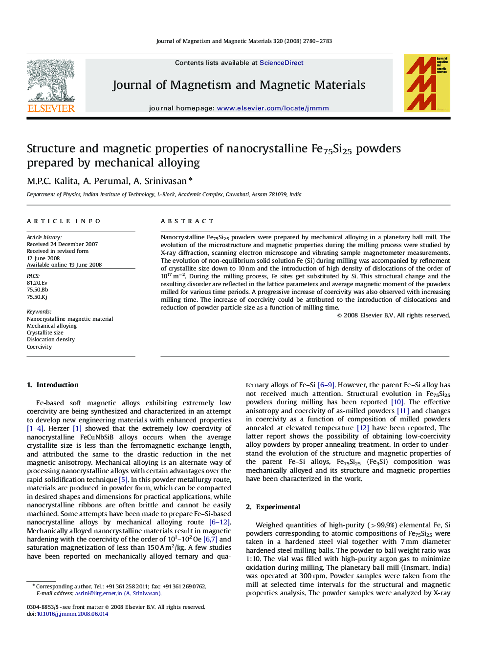 Structure and magnetic properties of nanocrystalline Fe75Si25 powders prepared by mechanical alloying