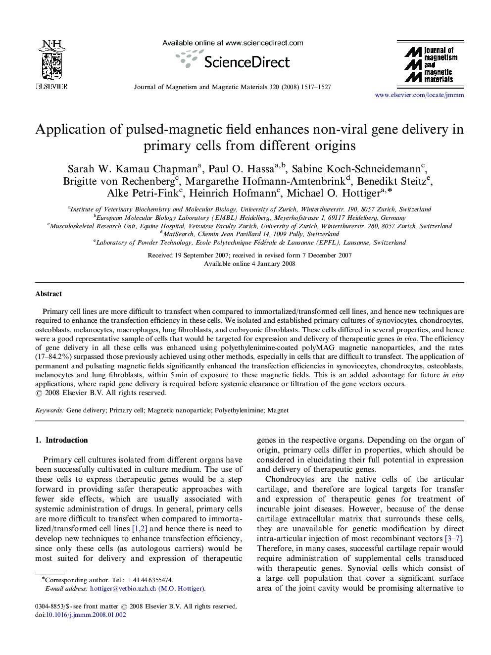 Application of pulsed-magnetic field enhances non-viral gene delivery in primary cells from different origins