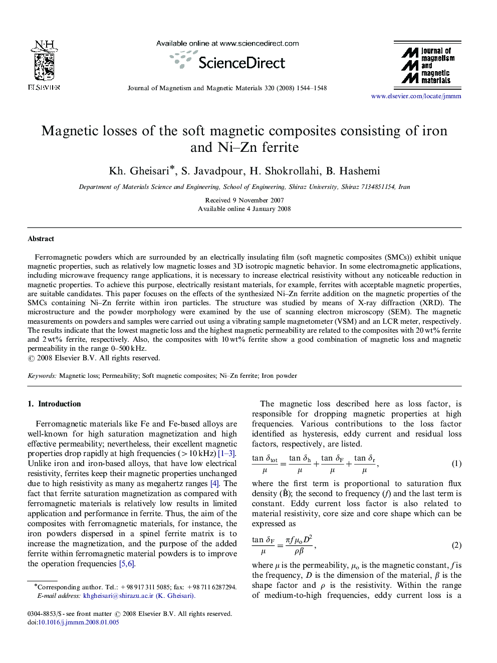 Magnetic losses of the soft magnetic composites consisting of iron and Ni–Zn ferrite