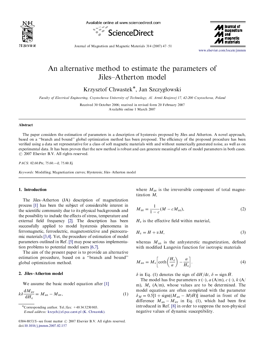 An alternative method to estimate the parameters of Jiles–Atherton model