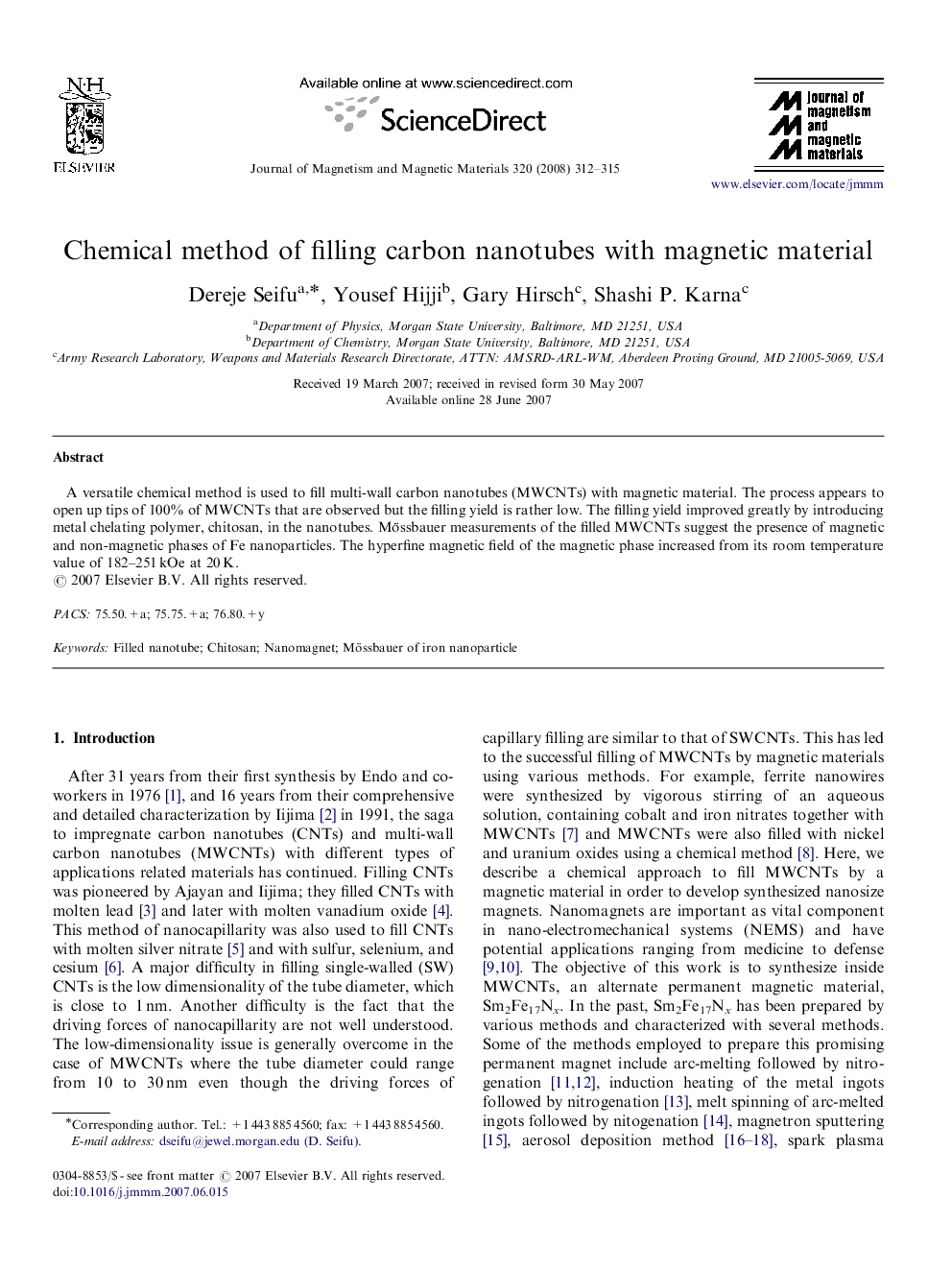 Chemical method of filling carbon nanotubes with magnetic material