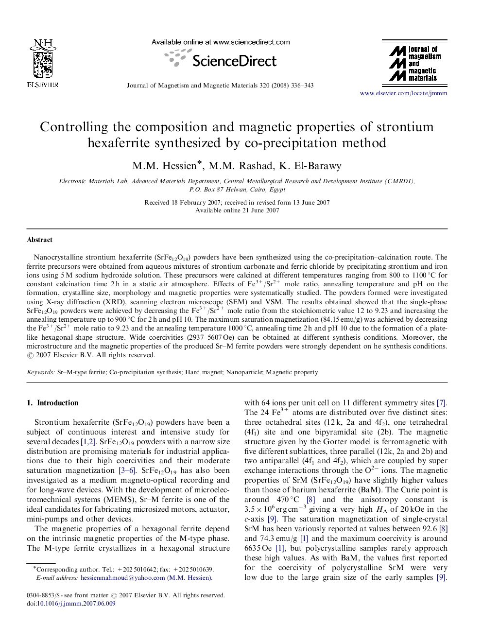 Controlling the composition and magnetic properties of strontium hexaferrite synthesized by co-precipitation method