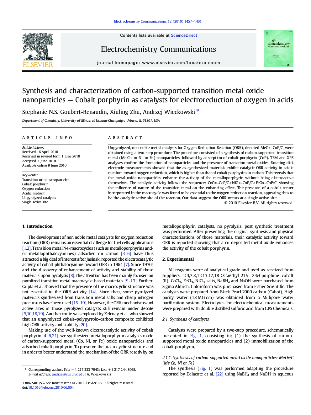 Synthesis and characterization of carbon-supported transition metal oxide nanoparticles — Cobalt porphyrin as catalysts for electroreduction of oxygen in acids