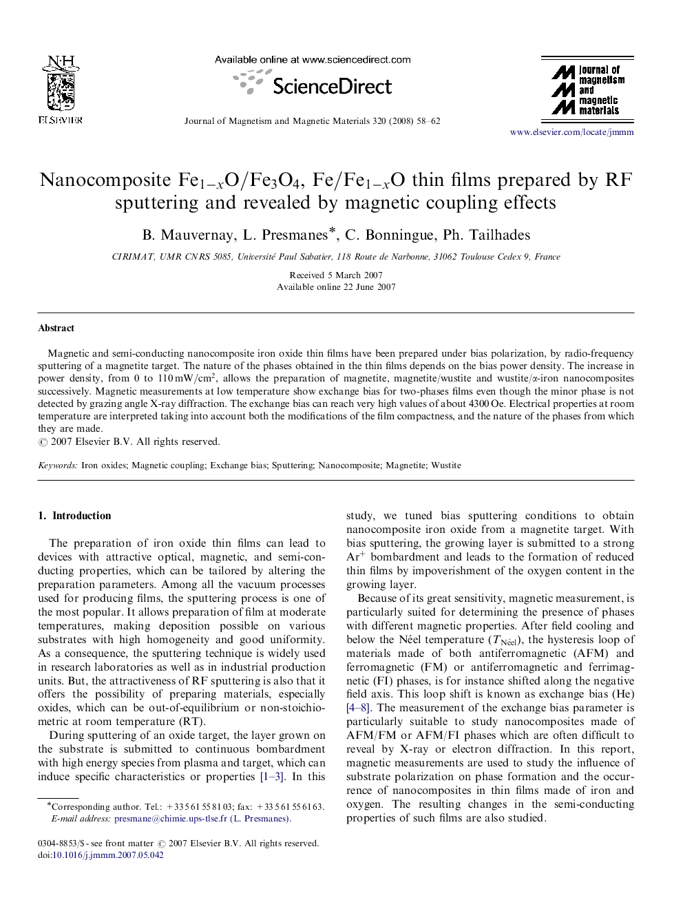 Nanocomposite Fe1-xO/Fe3O4Fe1-xO/Fe3O4, Fe/Fe1-xOFe/Fe1-xO thin films prepared by RF sputtering and revealed by magnetic coupling effects