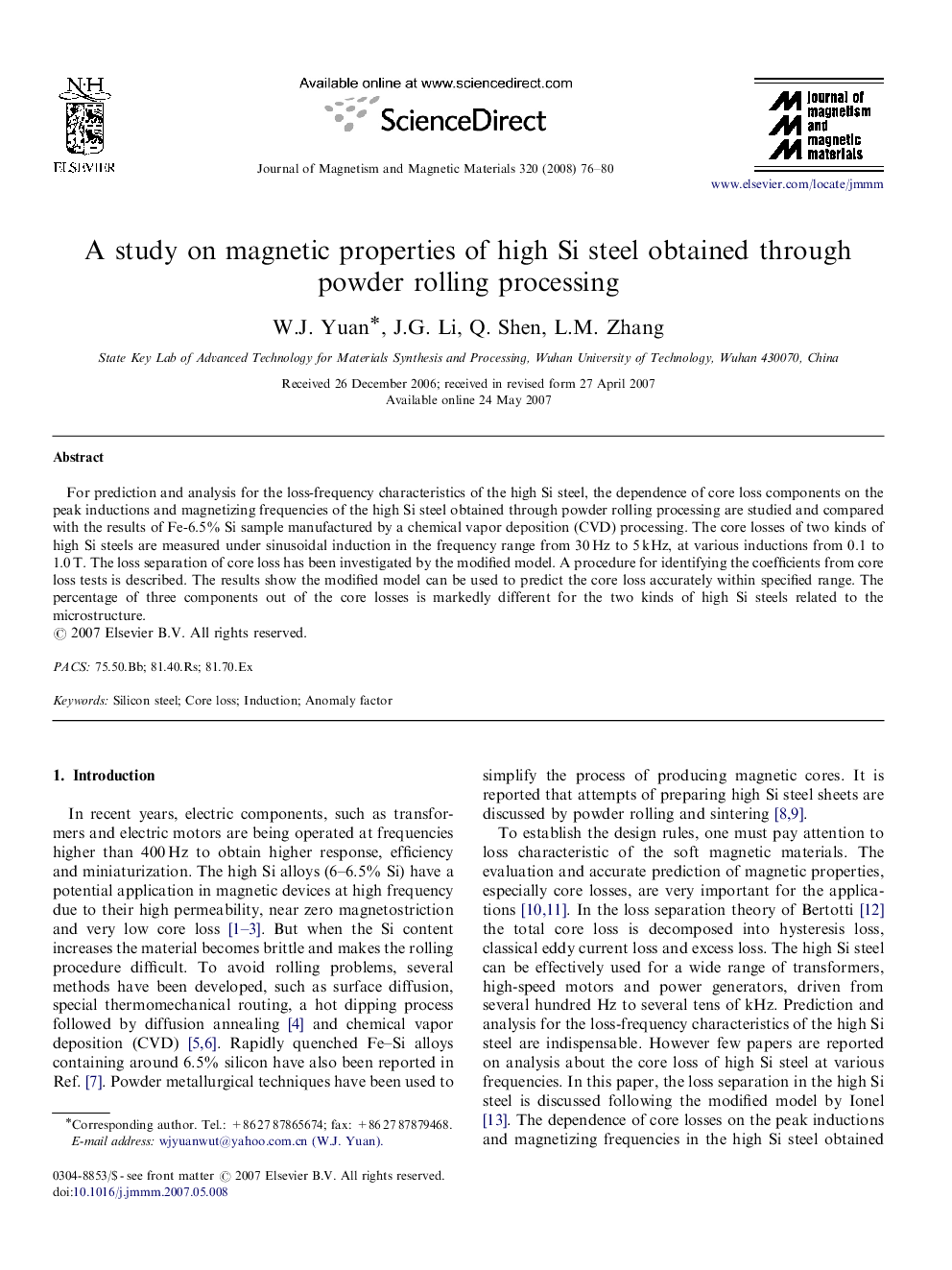 A study on magnetic properties of high Si steel obtained through powder rolling processing