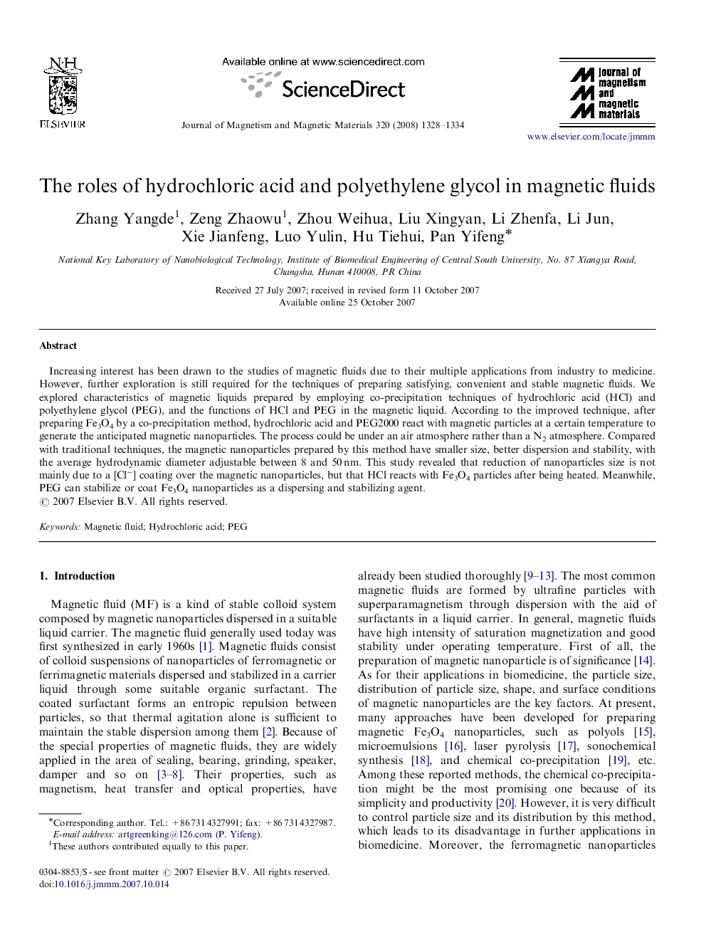 The roles of hydrochloric acid and polyethylene glycol in magnetic fluids