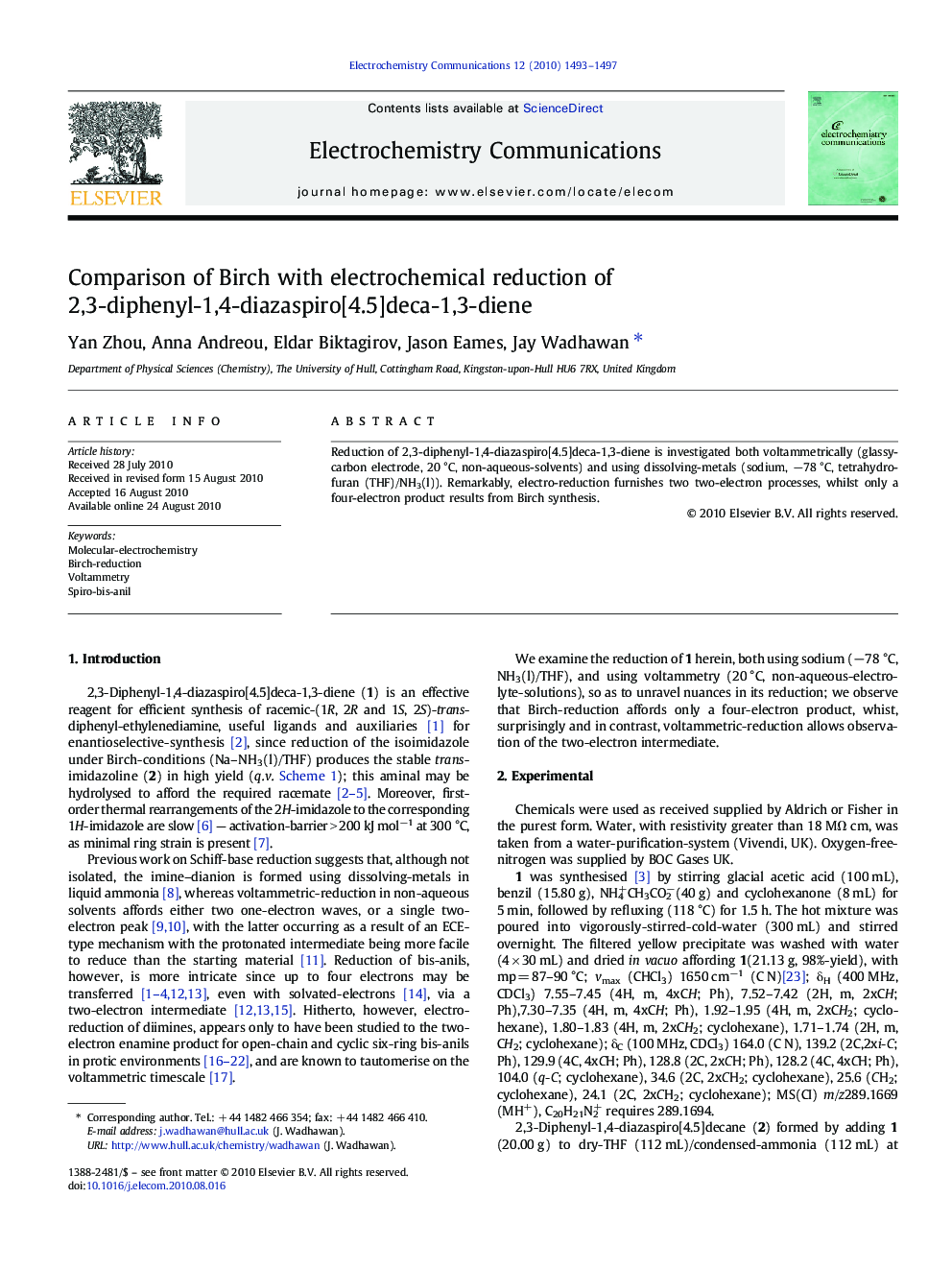 Comparison of Birch with electrochemical reduction of 2,3-diphenyl-1,4-diazaspiro[4.5]deca-1,3-diene