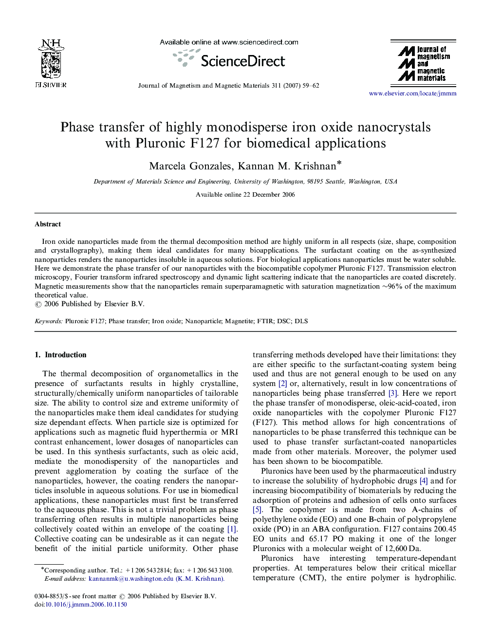 Phase transfer of highly monodisperse iron oxide nanocrystals with Pluronic F127 for biomedical applications