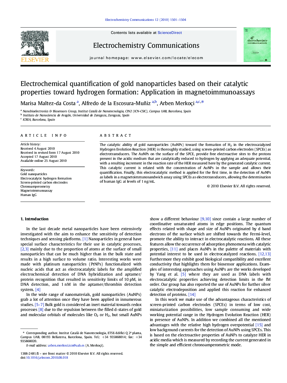 Electrochemical quantification of gold nanoparticles based on their catalytic properties toward hydrogen formation: Application in magnetoimmunoassays