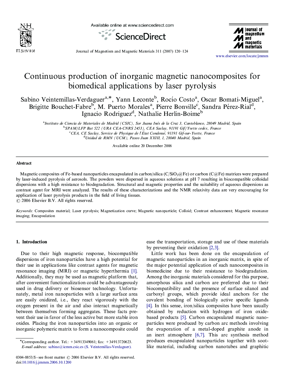 Continuous production of inorganic magnetic nanocomposites for biomedical applications by laser pyrolysis