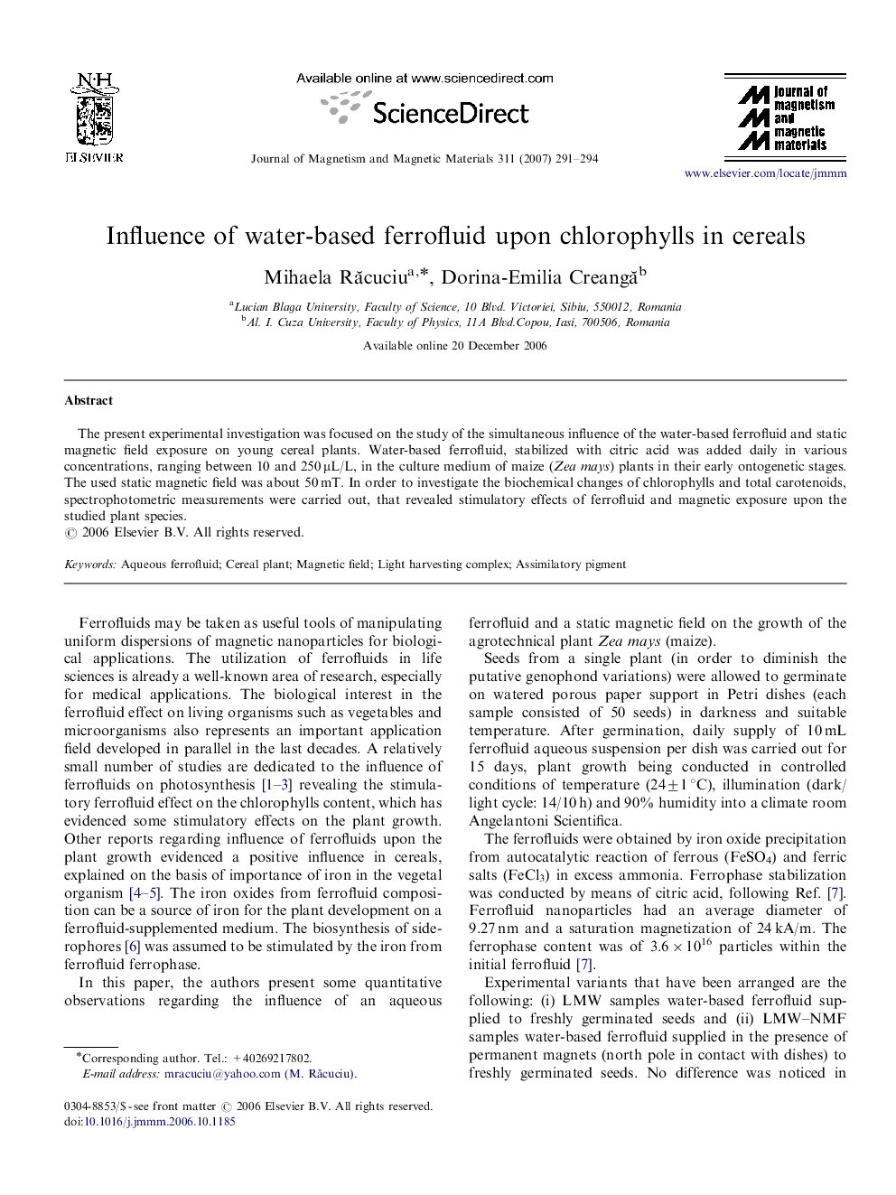 Influence of water-based ferrofluid upon chlorophylls in cereals