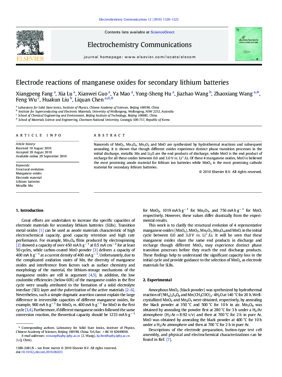 Electrode reactions of manganese oxides for secondary lithium batteries