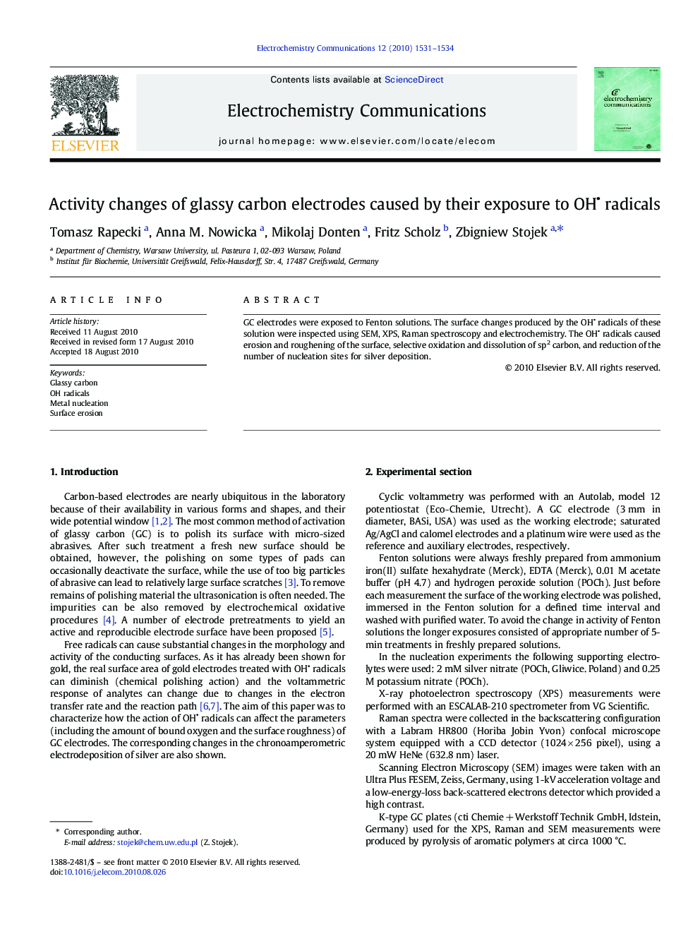 Activity changes of glassy carbon electrodes caused by their exposure to OH• radicals