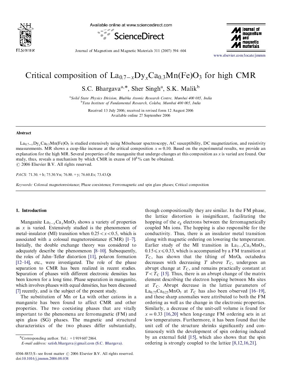 Critical composition of La0.7-xDyxCa0.3Mn(Fe)O3La0.7-xDyxCa0.3Mn(Fe)O3 for high CMR