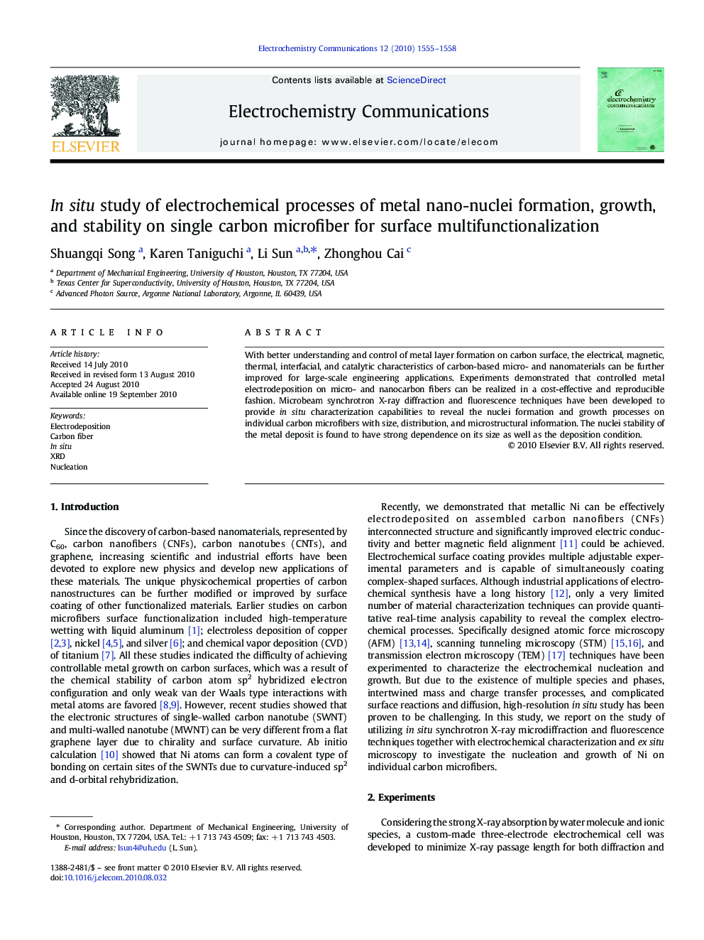 In situ study of electrochemical processes of metal nano-nuclei formation, growth, and stability on single carbon microfiber for surface multifunctionalization