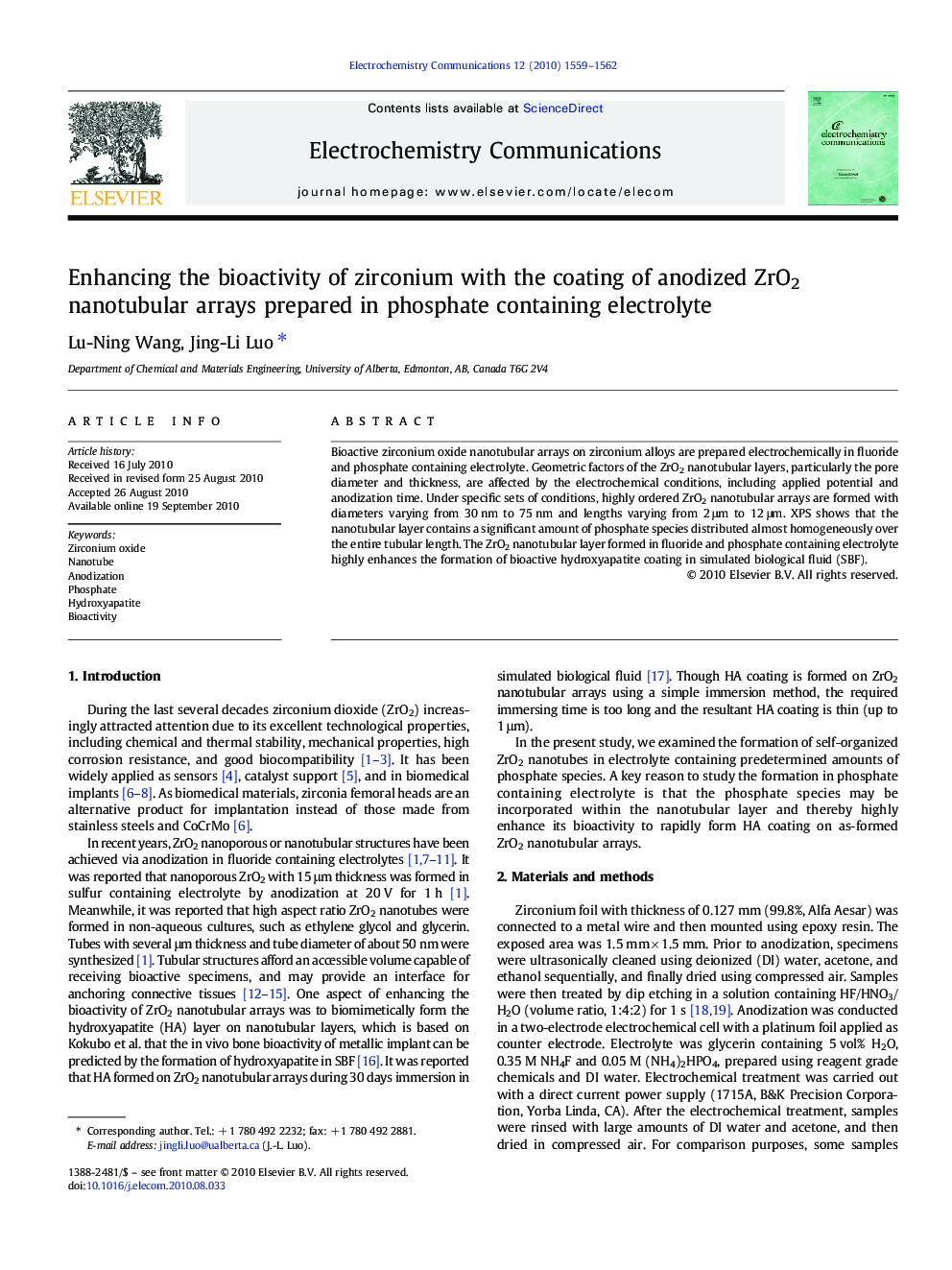 Enhancing the bioactivity of zirconium with the coating of anodized ZrO2 nanotubular arrays prepared in phosphate containing electrolyte