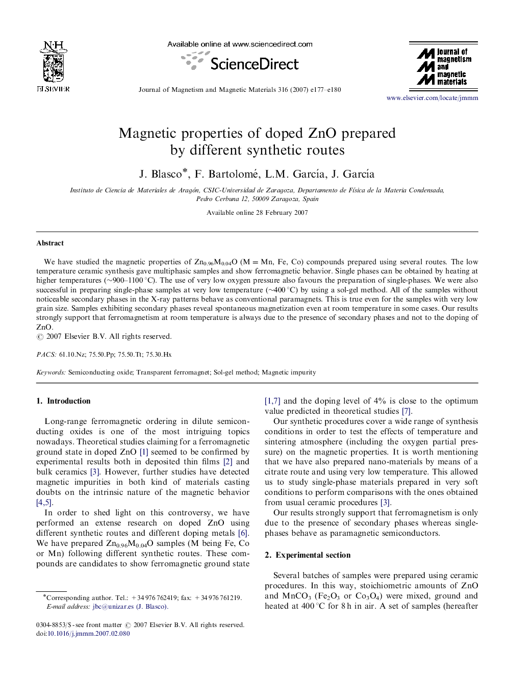 Magnetic properties of doped ZnO prepared by different synthetic routes