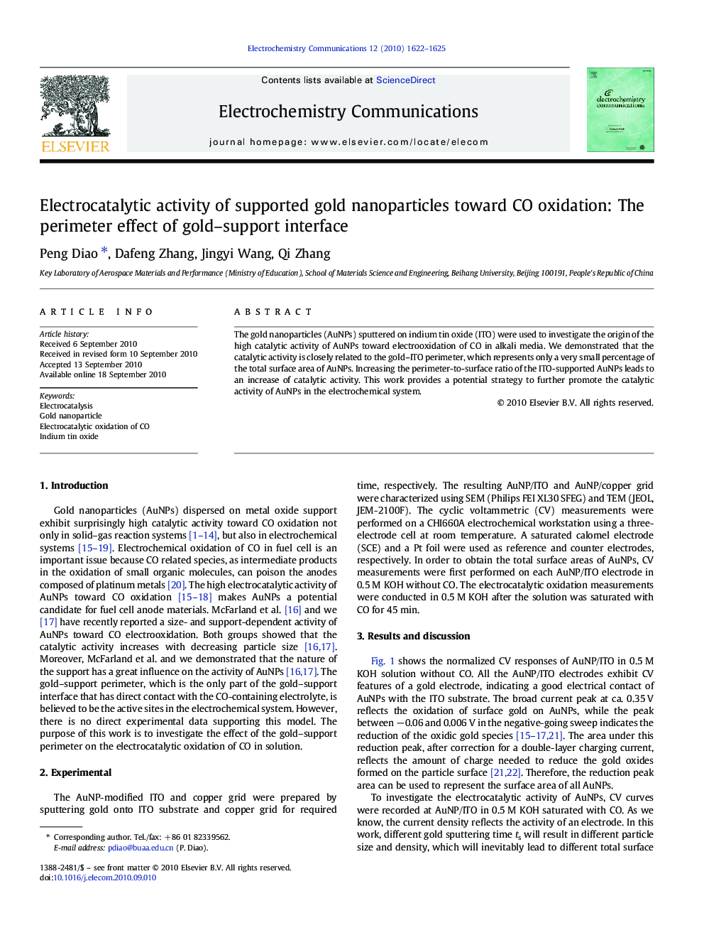 Electrocatalytic activity of supported gold nanoparticles toward CO oxidation: The perimeter effect of gold–support interface