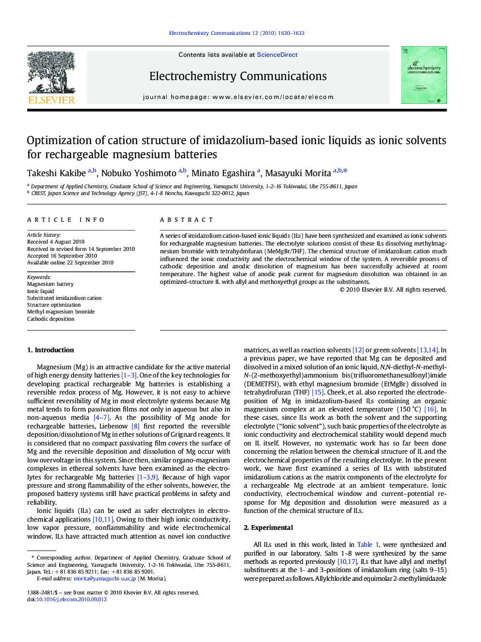 Optimization of cation structure of imidazolium-based ionic liquids as ionic solvents for rechargeable magnesium batteries