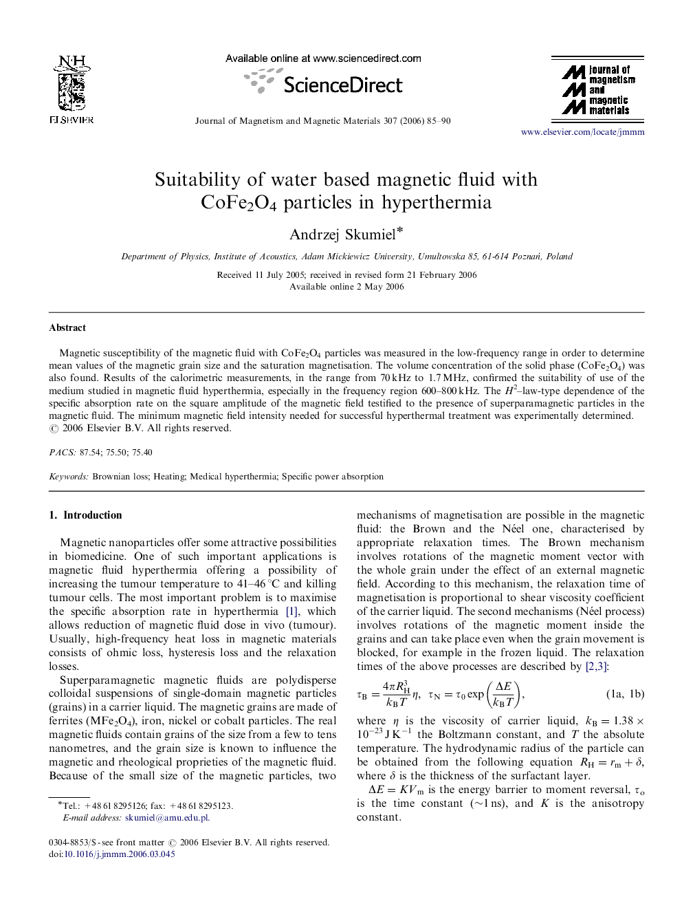 Suitability of water based magnetic fluid with CoFe2O4 particles in hyperthermia