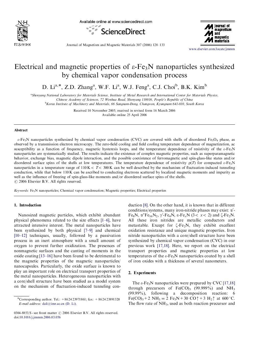 Electrical and magnetic properties of ε-Fe3N nanoparticles synthesized by chemical vapor condensation process