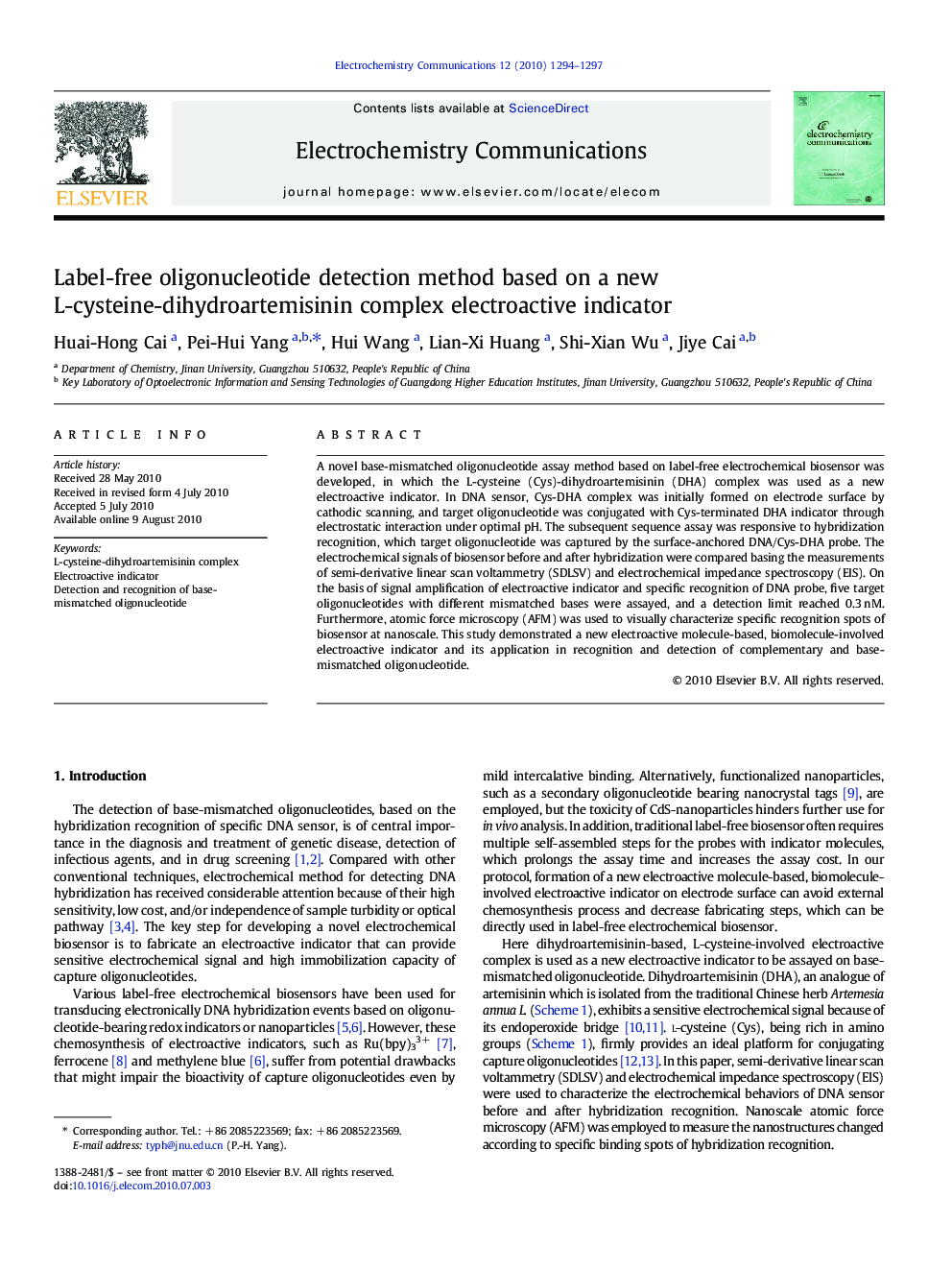 Label-free oligonucleotide detection method based on a new L-cysteine-dihydroartemisinin complex electroactive indicator