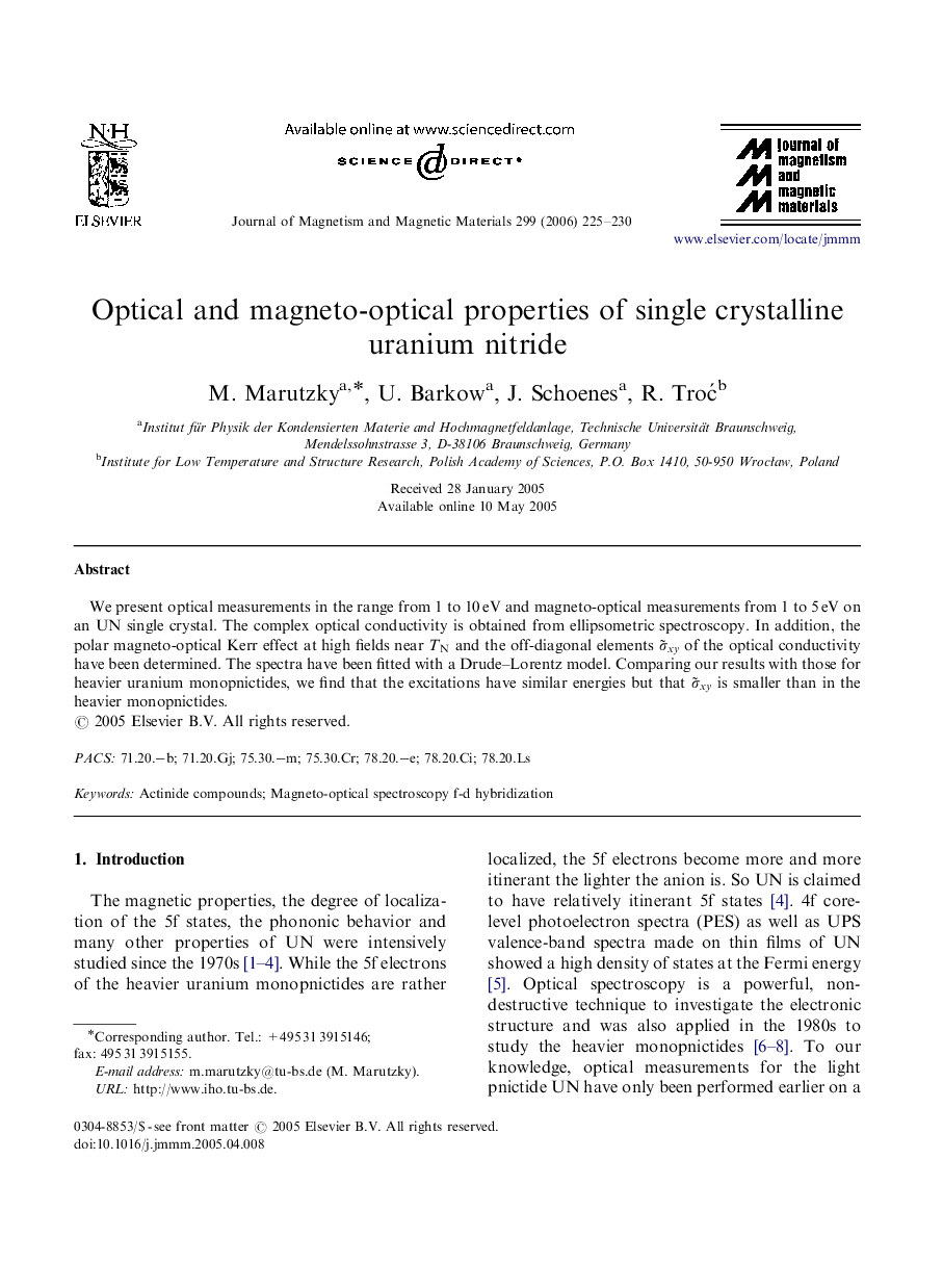 عکس صفحه اول مقاله: Optical and magneto-optical properties of single crystalline uranium nitride Optical and magneto-optical properties of single crystalline uranium nitride