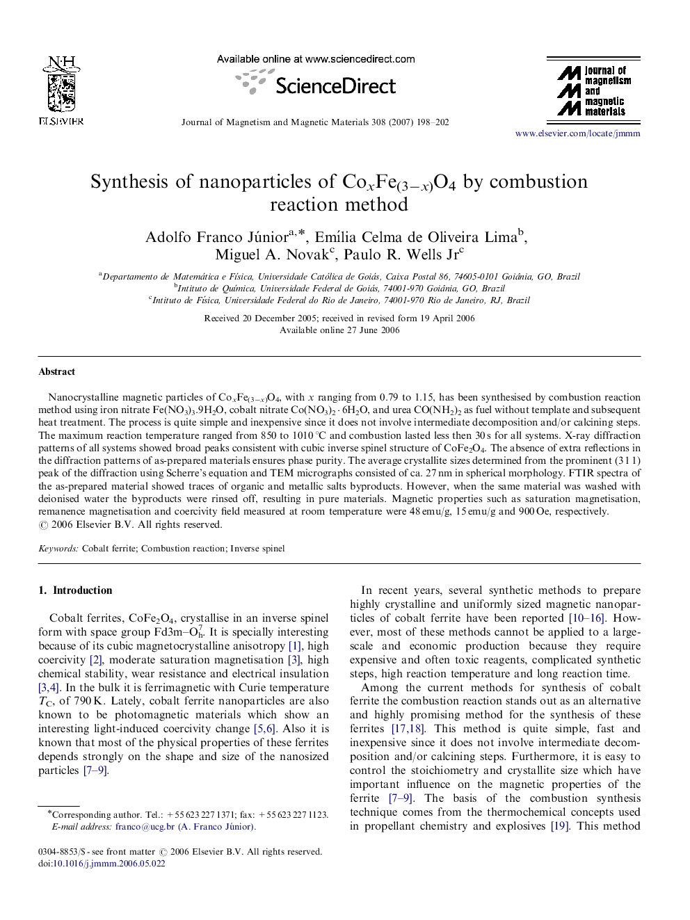 Synthesis of nanoparticles of CoxFe(3−x)O4 by combustion reaction method