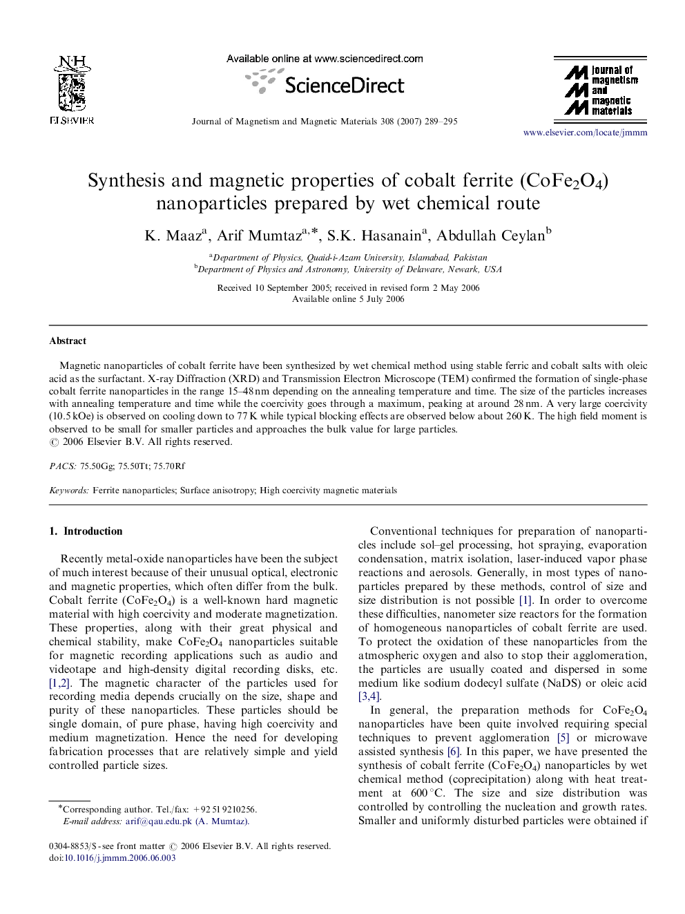 Synthesis and magnetic properties of cobalt ferrite (CoFe2O4) nanoparticles prepared by wet chemical route