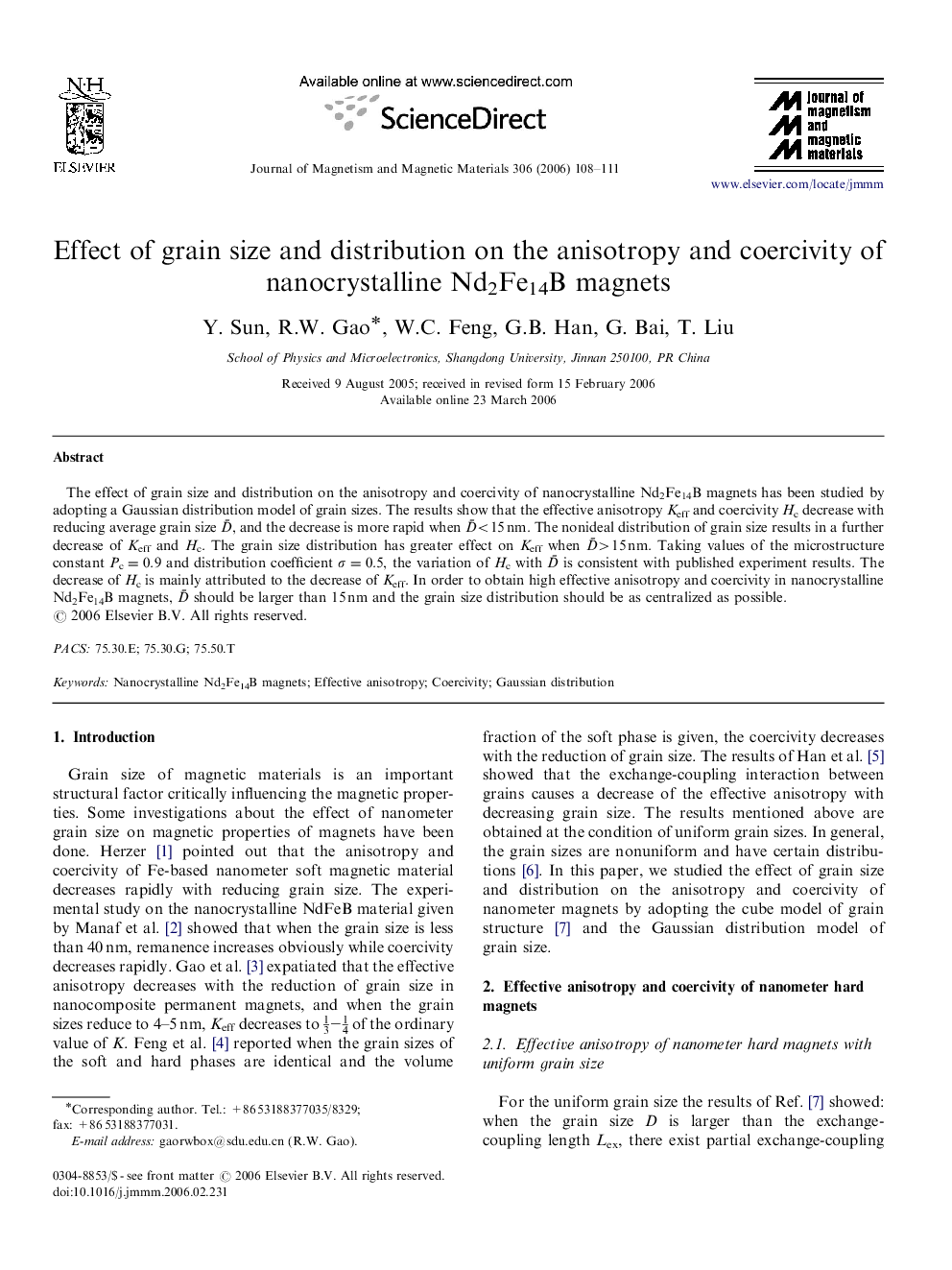 عکس صفحه اول مقاله: Effect of grain size and distribution on the anisotropy and coercivity of nanocrystalline Nd2Fe14B magnets Effect of grain size and distribution on the anisotropy and coercivity of nanocrystalline Nd2Fe14B magnets