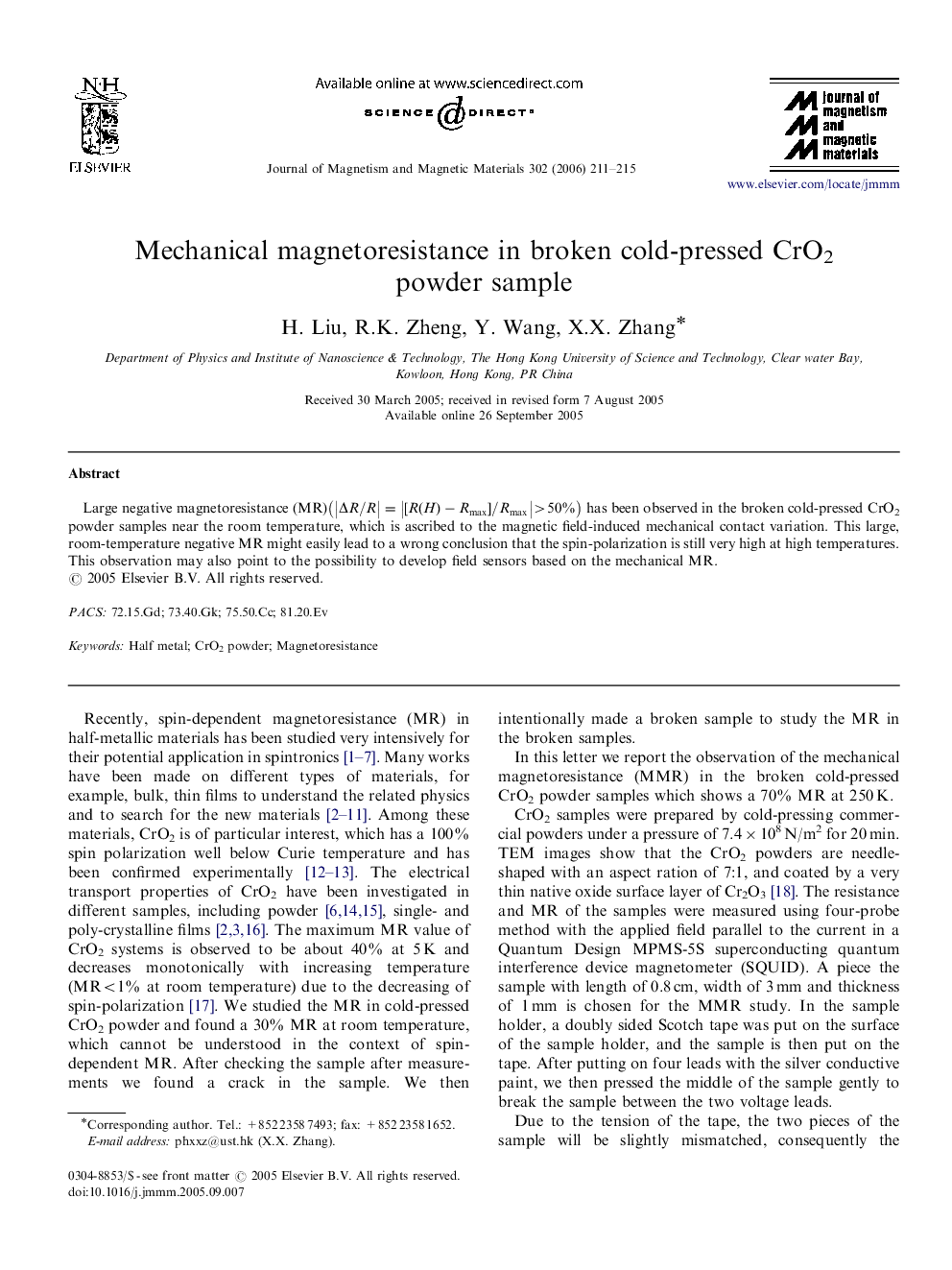 Mechanical magnetoresistance in broken cold-pressed CrO2 powder sample