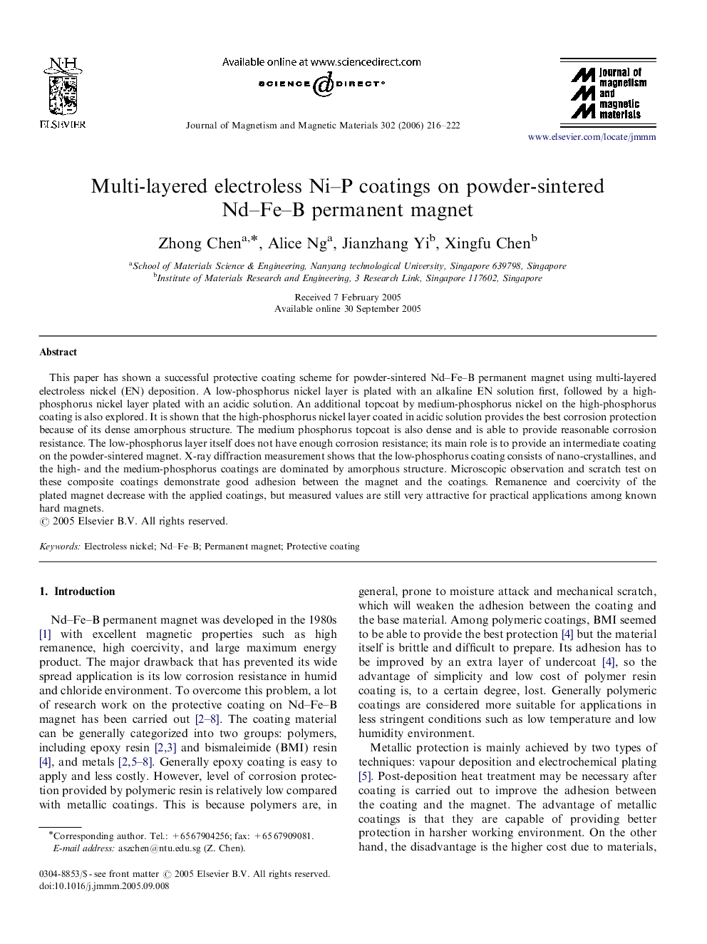 Multi-layered electroless Ni–P coatings on powder-sintered Nd–Fe–B permanent magnet