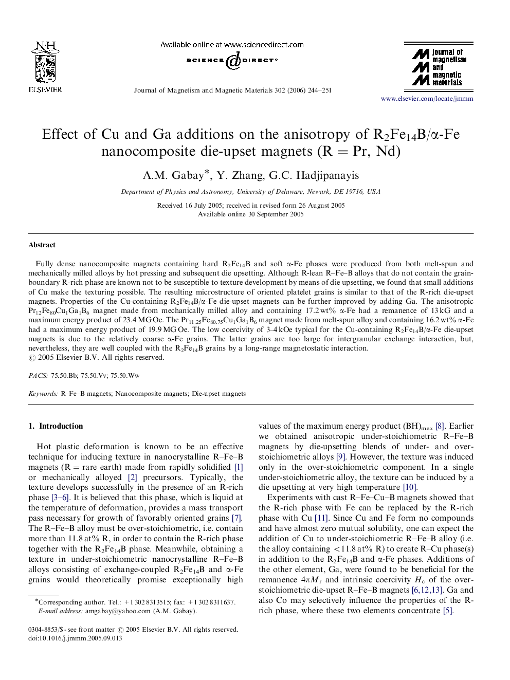 Effect of Cu and Ga additions on the anisotropy of R2Fe14B/α-Fe nanocomposite die-upset magnets (R=Pr, Nd)