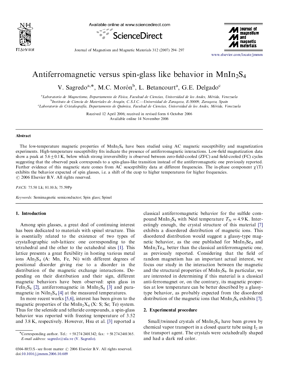 عکس صفحه اول مقاله: Antiferromagnetic versus spin-glass like behavior in MnIn2S4 Antiferromagnetic versus spin-glass like behavior in MnIn2S4