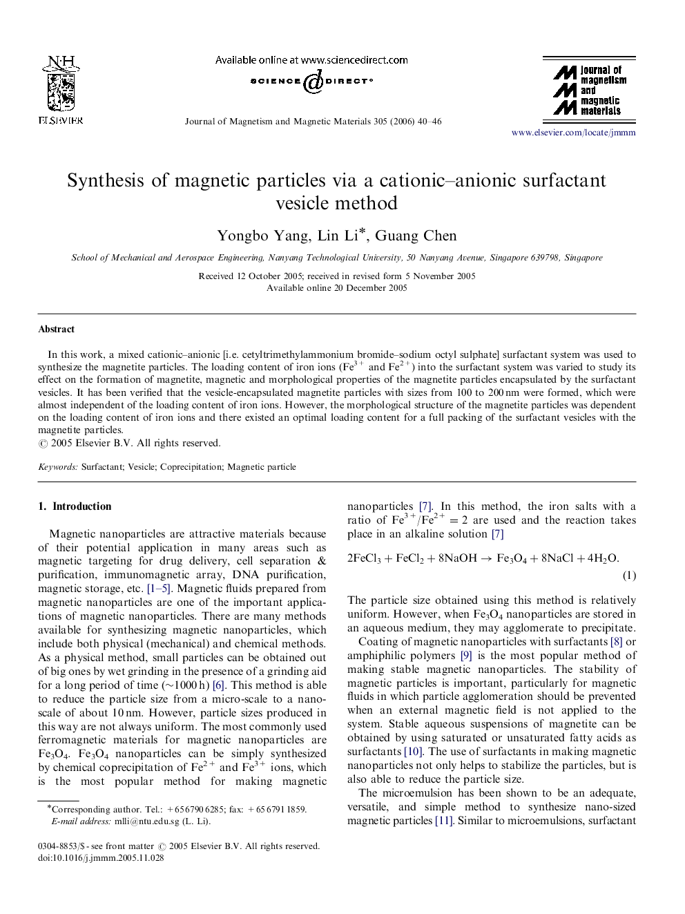 عکس صفحه اول مقاله: Synthesis of magnetic particles via a cationic-anionic surfactant vesicle method Synthesis of magnetic particles via a cationic-anionic surfactant vesicle method