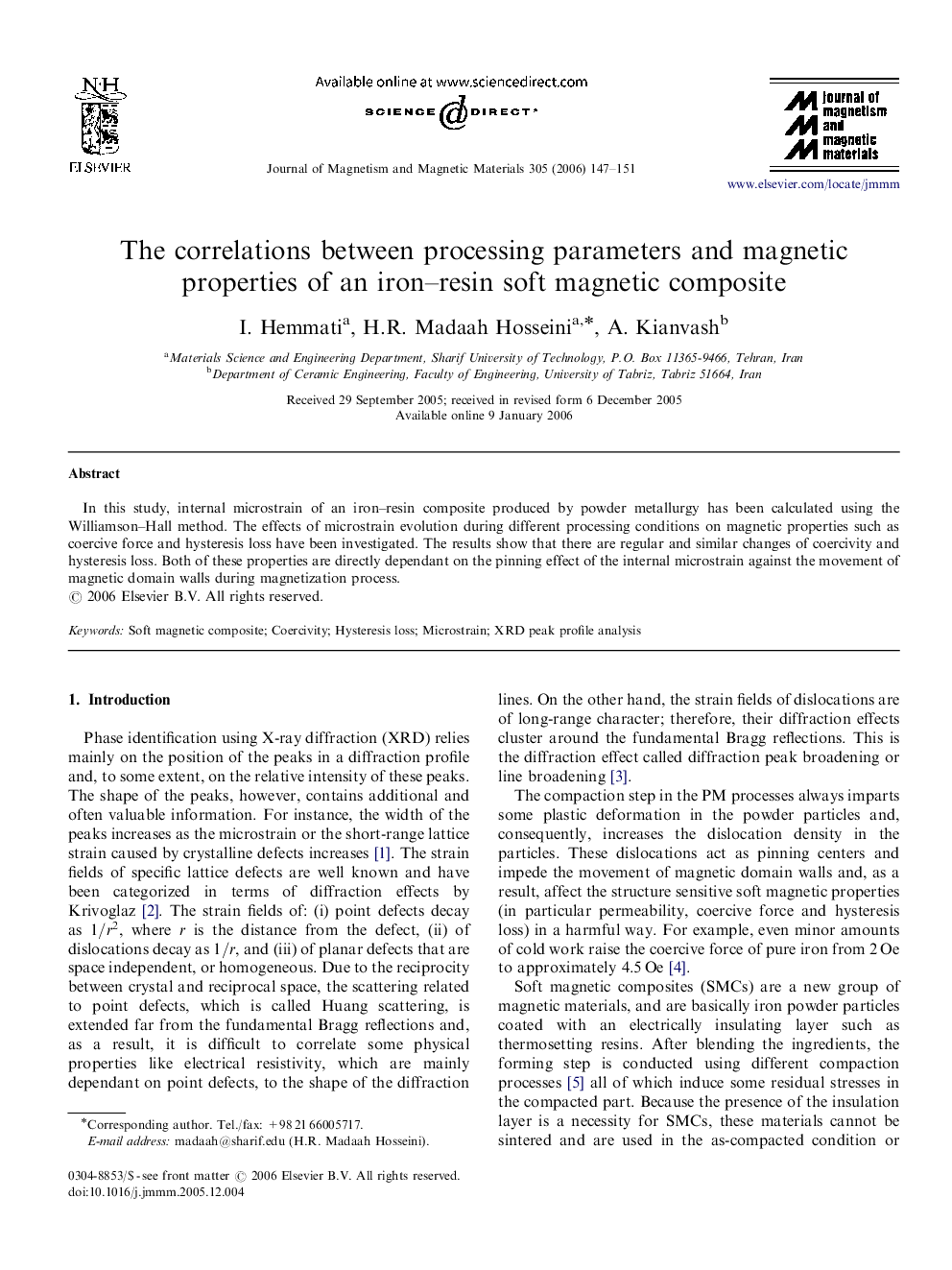 The correlations between processing parameters and magnetic properties of an iron–resin soft magnetic composite