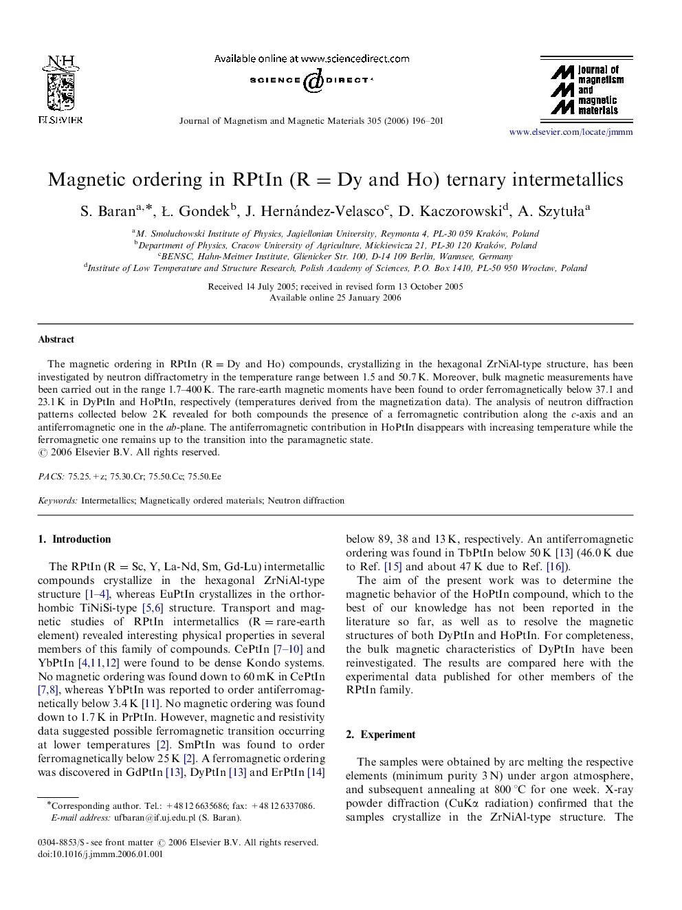 Magnetic ordering in RPtIn (R=DyR=Dy and Ho) ternary intermetallics