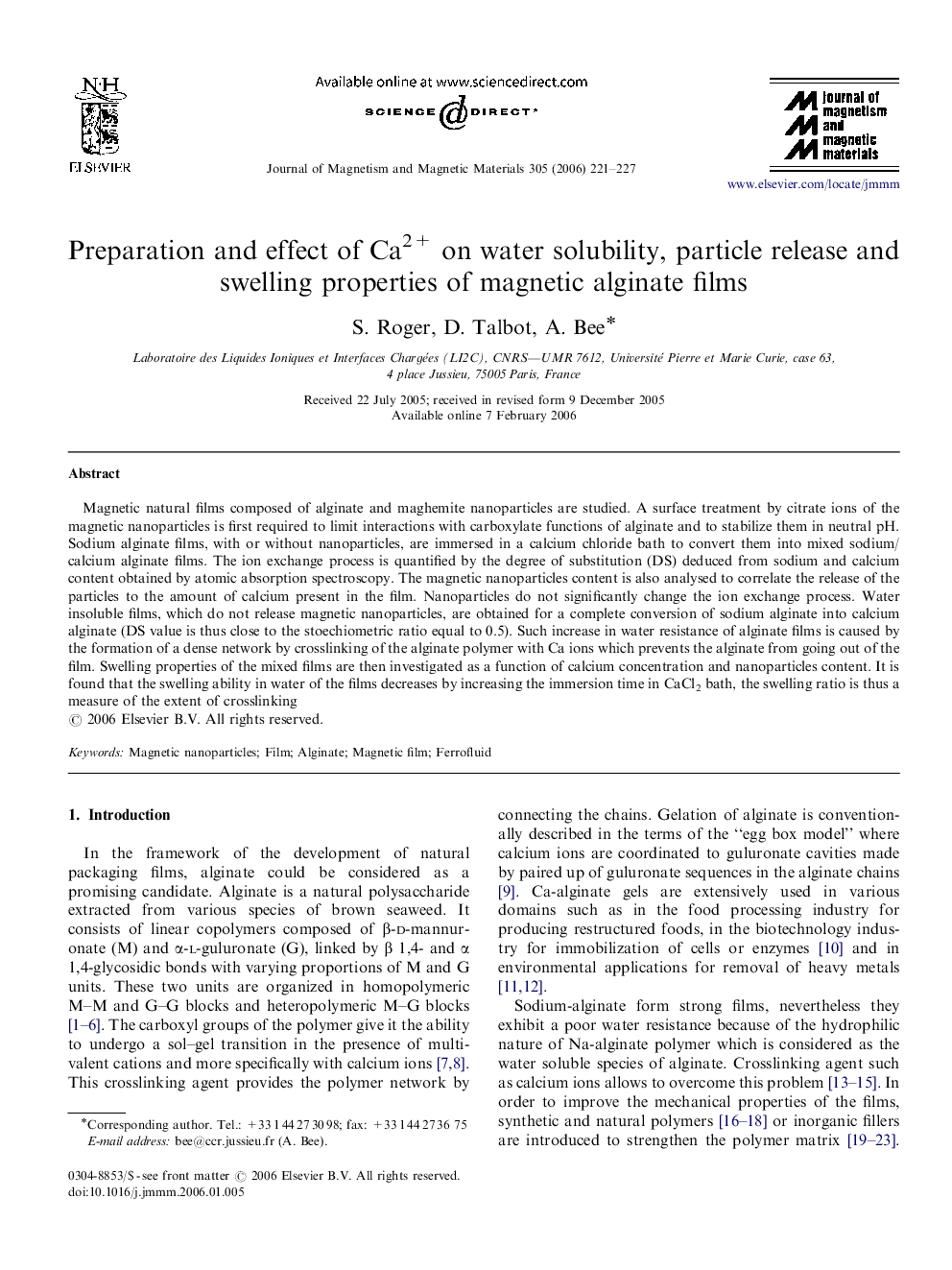 Preparation and effect of Ca2+ on water solubility, particle release and swelling properties of magnetic alginate films
