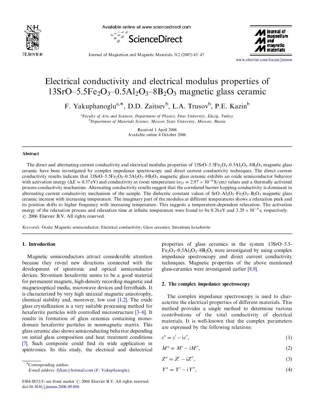 Electrical conductivity and electrical modulus properties of 13SrO–5.5Fe2O3–0.5Al2O3–8B2O3 magnetic glass ceramic