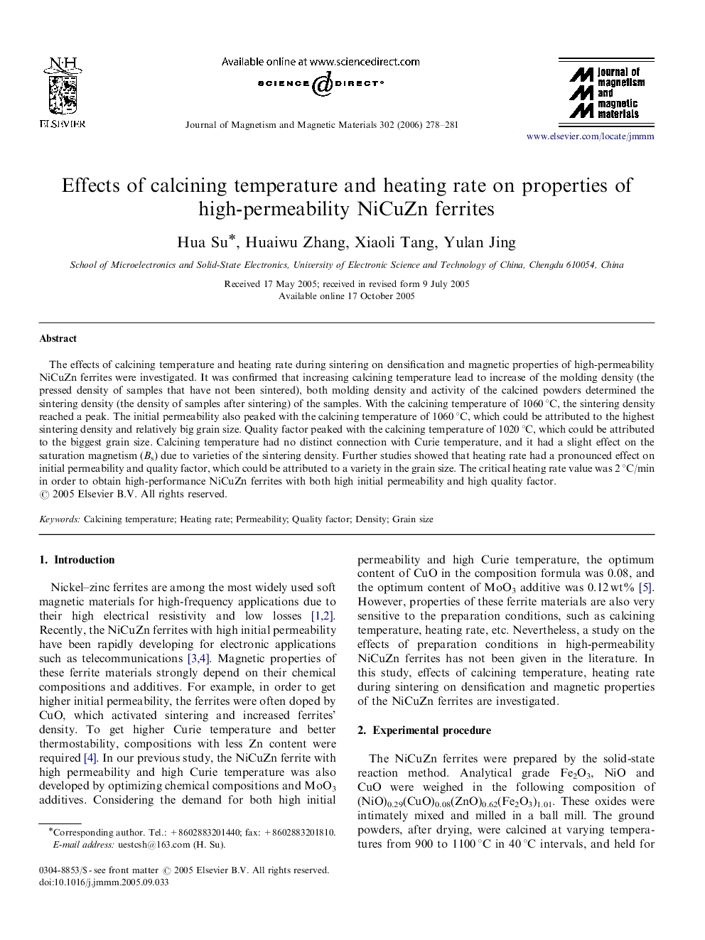 Effects of calcining temperature and heating rate on properties of high-permeability NiCuZn ferrites