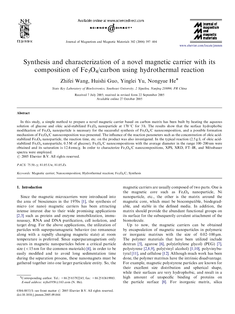 Synthesis and characterization of a novel magnetic carrier with its composition of Fe3O4/carbon using hydrothermal reaction