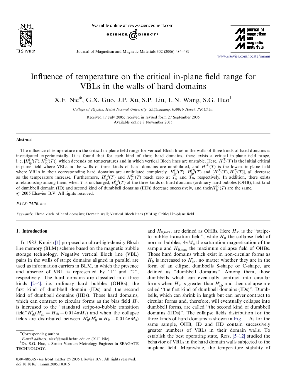 عکس صفحه اول مقاله: Influence of temperature on the critical in-plane field range for VBLs in the walls of hard domains Influence of temperature on the critical in-plane field range for VBLs in the walls of hard domains