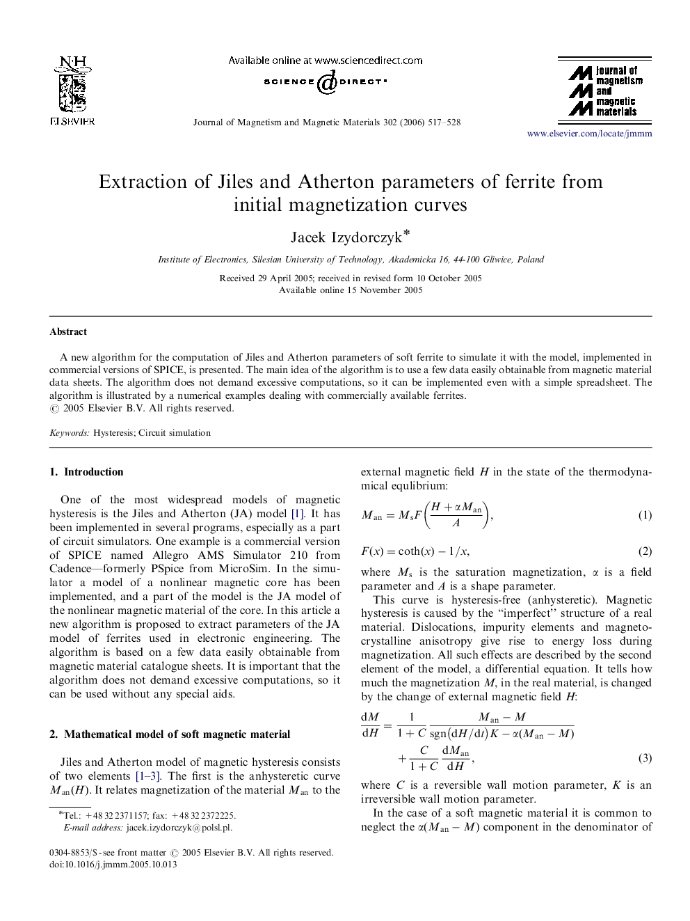 Extraction of Jiles and Atherton parameters of ferrite from initial magnetization curves