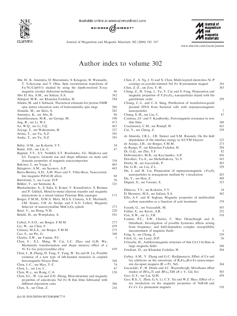 Author index to volume 302