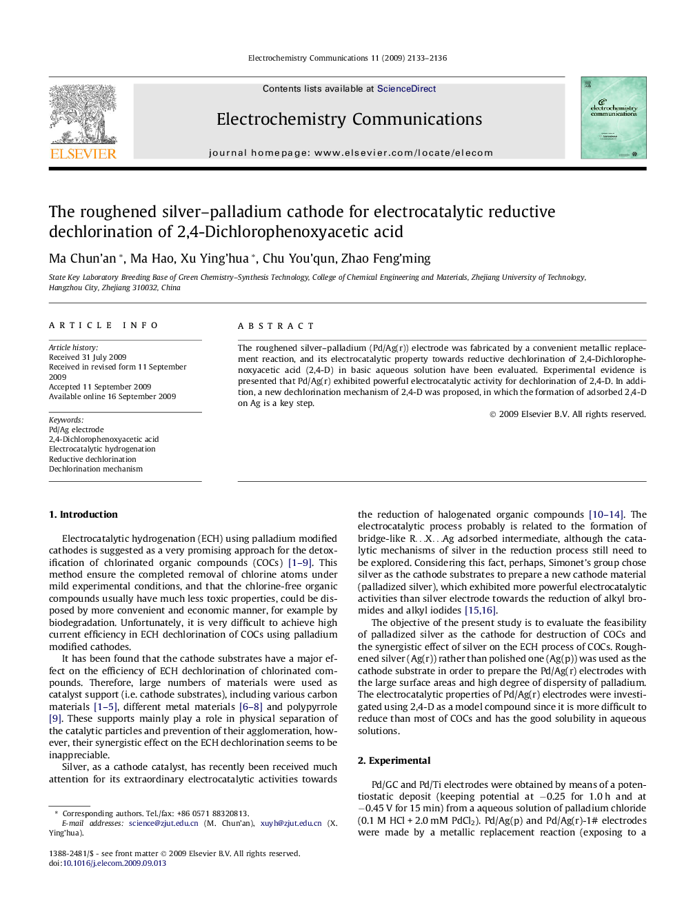 The roughened silver–palladium cathode for electrocatalytic reductive dechlorination of 2,4-Dichlorophenoxyacetic acid