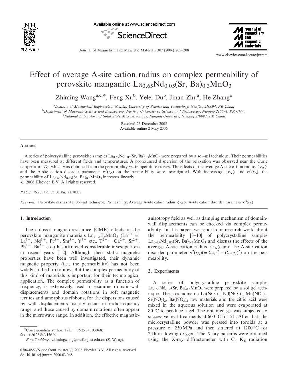 عکس صفحه اول مقاله: Effect of average A-site cation radius on complex permeability of perovskite manganite La0.65Nd0.05(Sr, Ba)0.3MnO3 Effect of average A-site cation radius on complex permeability of perovskite manganite La0.65Nd0.05(Sr, Ba)0.3MnO3